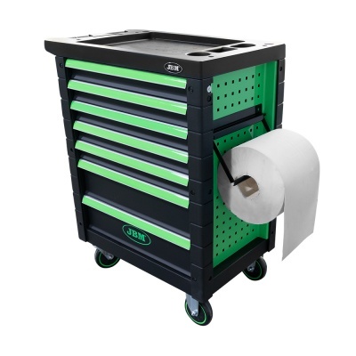 Carrinho de ferramentas em metal preto e verde com seis gavetas e suporte lateral para rolo de papel