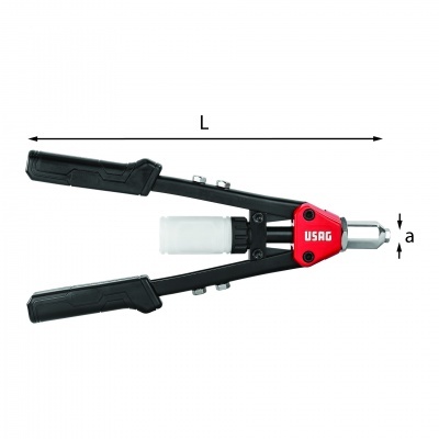 Alicate manual preto e vermelho USAG com recipiente branco e indicadores de medidas