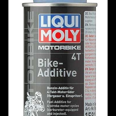 Recipiente metálico de aditivo para motociclos com tampa azul e rótulo Liqui Moly Motorbike 4T