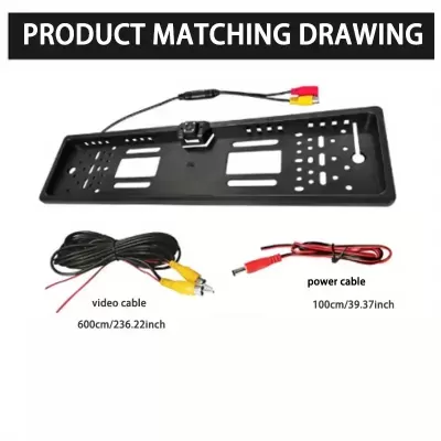 Suporte de matrícula preto com câmera integrada e cabos de vídeo e energia