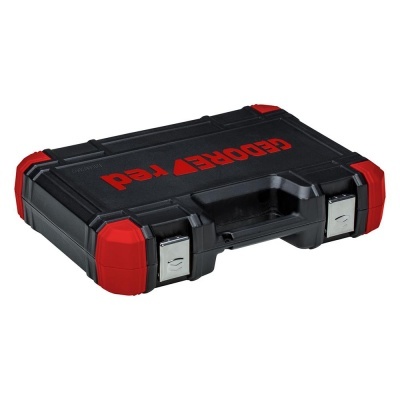 Mala de ferramentas preta e vermelha com fechos metálicos