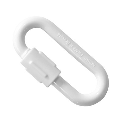 Mosquetão circular branco em plástico com fecho deslizante e inscrição