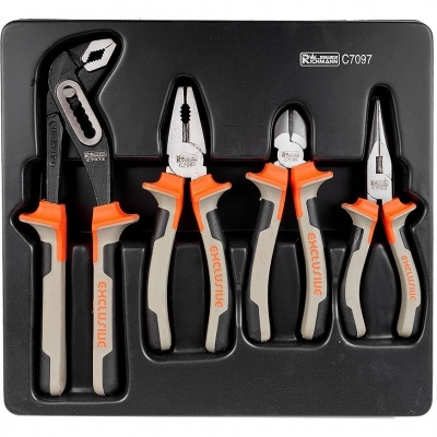 Conjunto de quatro alicates com punhos laranja e cinza em bandeja preta