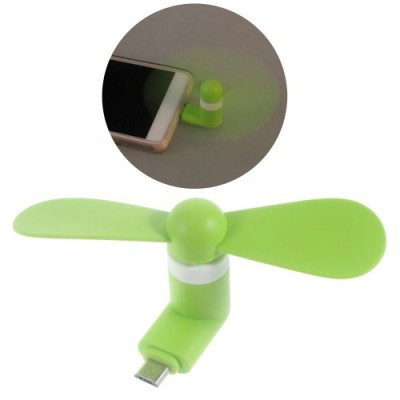Mini ventilador portátil verde com lâminas flexíveis conectado a smartphone.