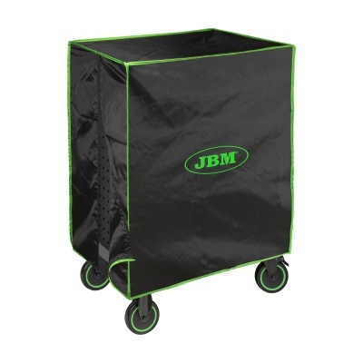 Carrinho de recolha preto com detalhes verdes e texto JBM