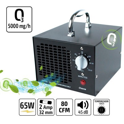 Purificador de ar preto com alça metálica e mostrador de controlo