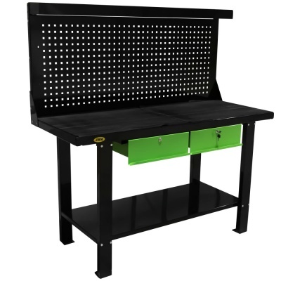 Bancada de trabalho preta com gavetas verdes e painel perfurado