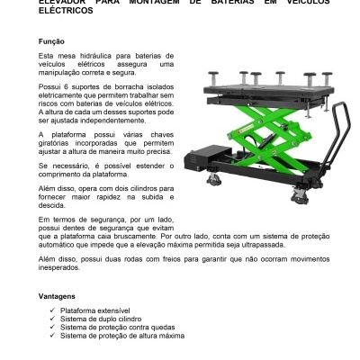 Mesa elevadora hidráulica para montagem de baterias em veículos elétricos, verde e preta, com suportes de borracha e rodas com travão.