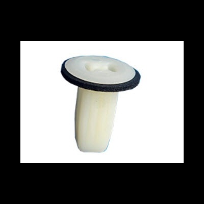 Botão plástico branco com base preta e dois furos no centro