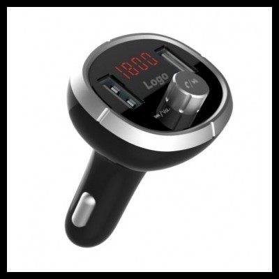 Transmissor FM para carro preto e prateado com visor e botões