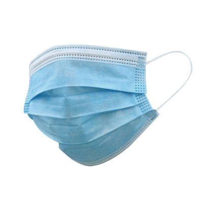 Máscara cirúrgica descartável azul clara com tiras elásticas brancas