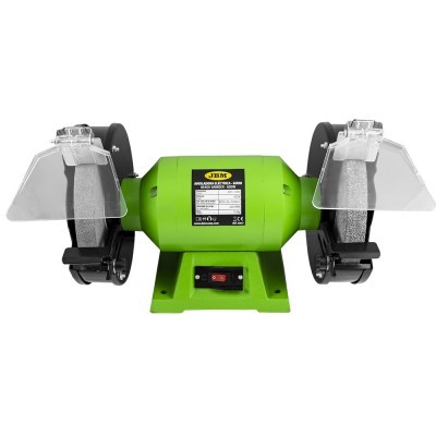 Rebolo de bancada duplo verde com discos abrasivos e proteção de plástico transparente.