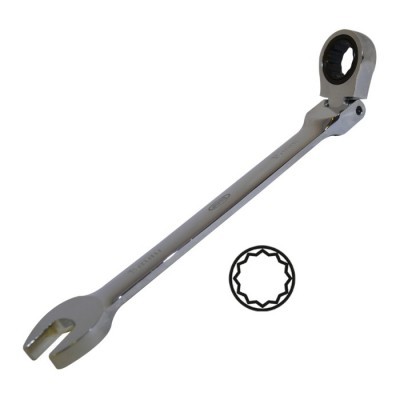 Chave de boca e catraca metálica cromada prateada com cabeça articulada.