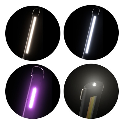 Lanternas LED finas com ganchos, luzes branca quente, fria e roxa, em fundo escuro