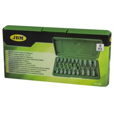 Conjunto de 19 peças de extração de terminais JBM num estojo verde com tampa