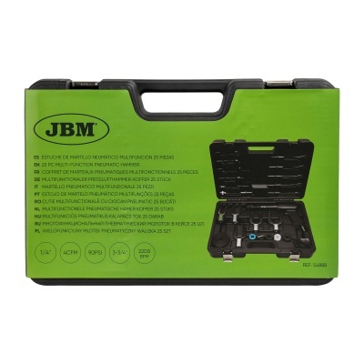 Estojo verde e preto JBM para martelo pneumático multifunção com 25 peças