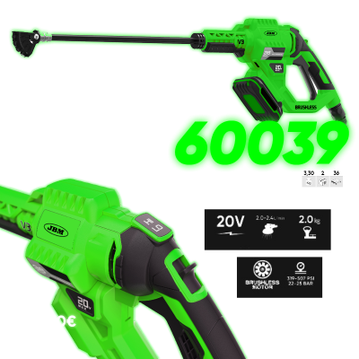Máquina de lavar elétrica sem escovas verde com detalhes pretos, bateria 20V e texto promocional