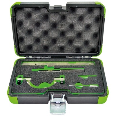 Caixa preta com cantos verdes e espuma preta moldada para ferramentas