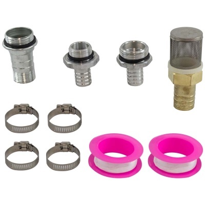 Conjunto de acessórios metálicos para canalização com filtro, abraçadeiras e fita de vedação rosa.