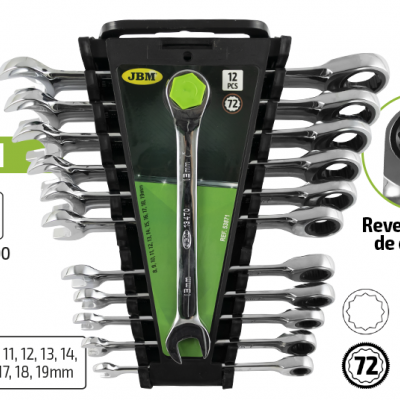 Jogo de 12 chaves de catraca cromadas JBM em suporte preto e verde.