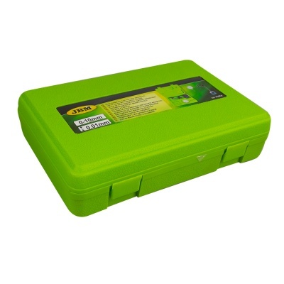 Caixa verde de plástico com etiqueta JBM e números 0.10mm e 0.01mm