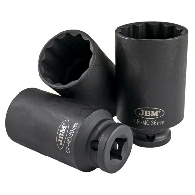 Conjunto de três soquetes de impacto JBM pretos em aço CR-MO, tamanhos 30 mm e 36 mm