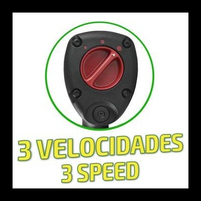 Controlador preto com botão vermelho, texto 3 VELOCIDADES 3 SPEED