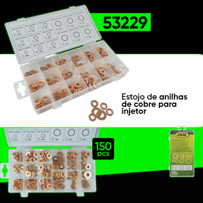 Estojos transparentes com anilhas de cobre para injetor organizadas em compartimentos e caixa verde do produto JBM.