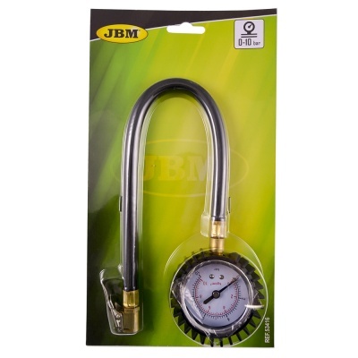 Manómetro JBM com tubo flexível e indicador de pressão 0-10 bar em embalagem verde e preto