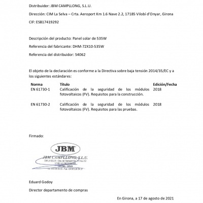 Documento de conformidade da empresa JBM CAMPULONG para painel solar de 535W