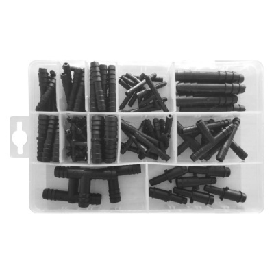 Conjunto de peças de plástico negro em caixa transparente com divisórias