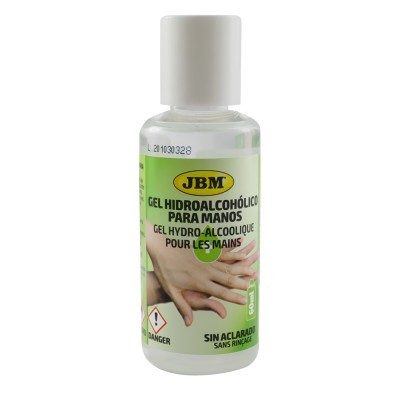 Frasco de gel hidroalcoólico para mãos JBM com rótulo verde e amarelo