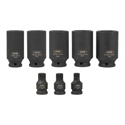 Conjunto de oito chaves de soquete pretas com tamanhos gravados.