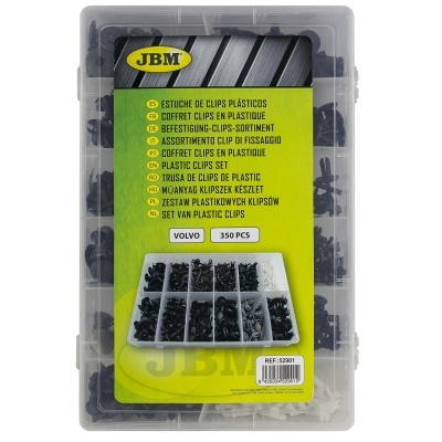 Caixa com clipes plásticos pretos e brancos organizados em separadores, etiqueta verde amarela com texto da marca JBM e modelo Volvo.