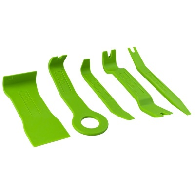 Conjunto de cinco ferramentas verdes de plástico para remoção e ajuste
