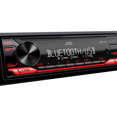 Aparelho de som automóvel JVC preto com detalhes vermelhos e ecrã digital