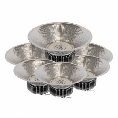 Conjunto de seis refletores LED metálicos prateados com dissipadores de calor pretos