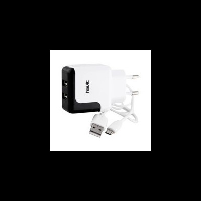 Carregador USB branco e preto com cabo e plugue europeu