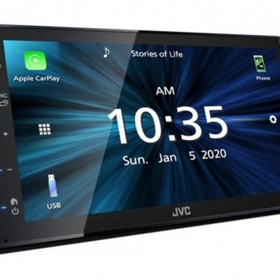 Aparelho JVC preto com ecrã tátil mostrando data, hora e ícones de funções
