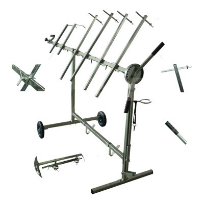 Estrutura metálica prateada com peças destacadas em fundo branco