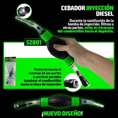 Cebador de injeção diesel preto e verde com mangueira metálica flexível e instruções em texto