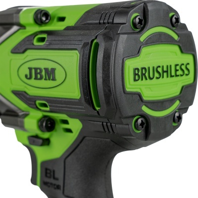 Ferramenta elétrica verde e preta com textos JBM, BRUSHLESS e BL MOTOR