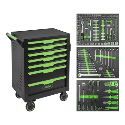 Carrinho de ferramentas preto e verde com conjuntos organizados de ferramentas.