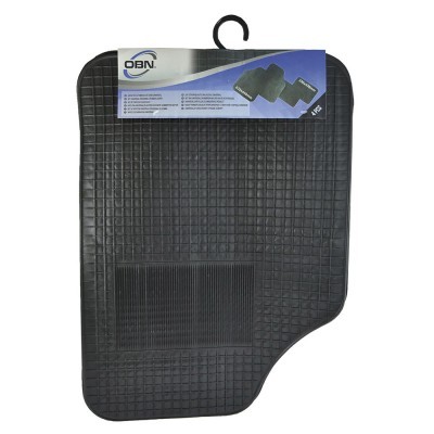 Tapete preto para carro com padrão quadriculado e embalagem da marca OBN