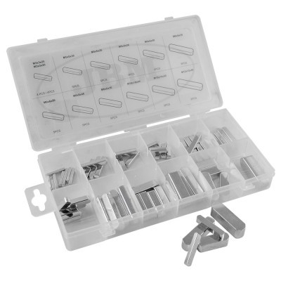 Caixa organizadora transparente com peças metálicas retangulares