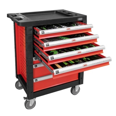 Carro de ferramentas vermelho com cinco gavetas abertas e ferramentas visíveis
