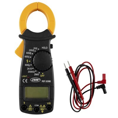 Amperímetro digital de gancho preto e amarelo com cabos de teste vermelho e preto.