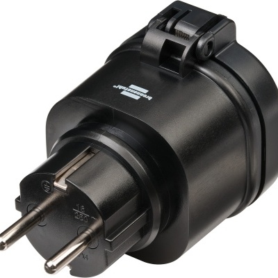 Tomada de viagem adaptador preto de plástico com pinos metálicos redondos e trava de segurança