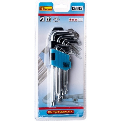 Conjunto de chaves hexagonais com suporte azul em embalagem plástica.