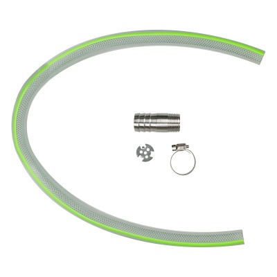 Conjunto com tubo flexível transparente com risca verde e acessórios metálicos